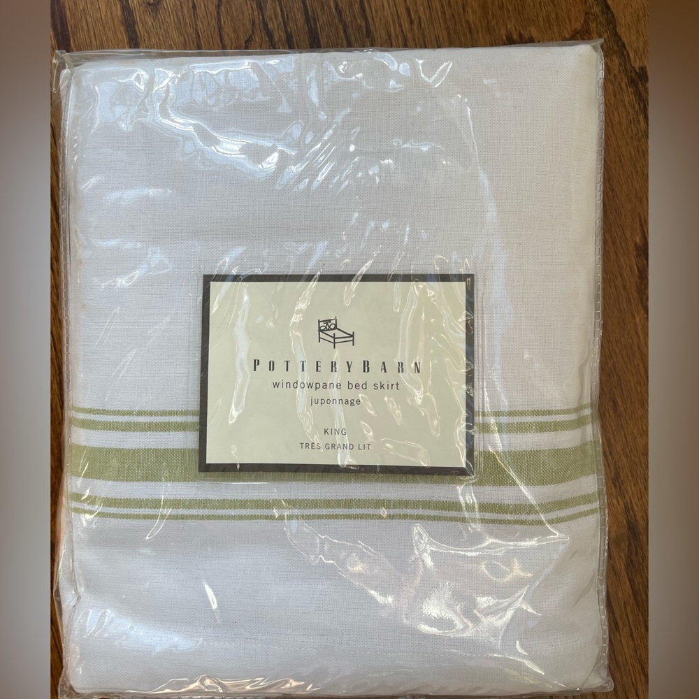 Pottery barn king sized bed skirt white with green stripe new in packaging